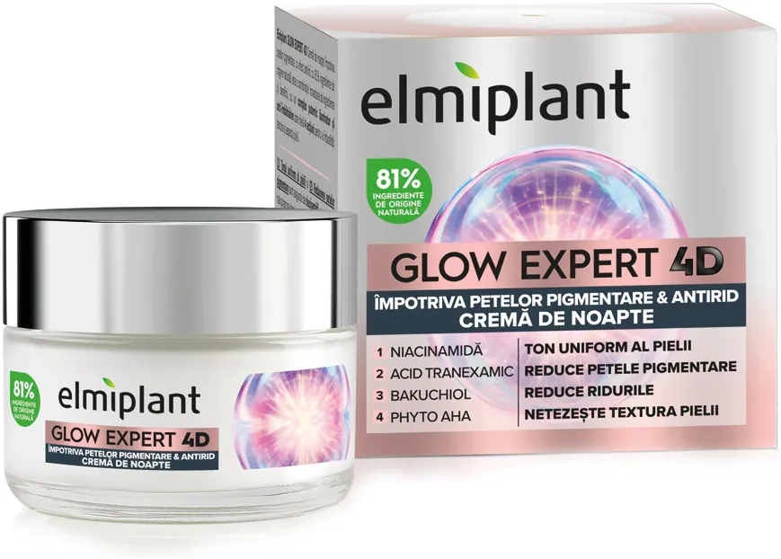 Crema de noapte Elmiplant Glow Expert 4D impotriva petelor pigmentare, antirid, cu Niacinamida si Bakuchiol, 50 ml