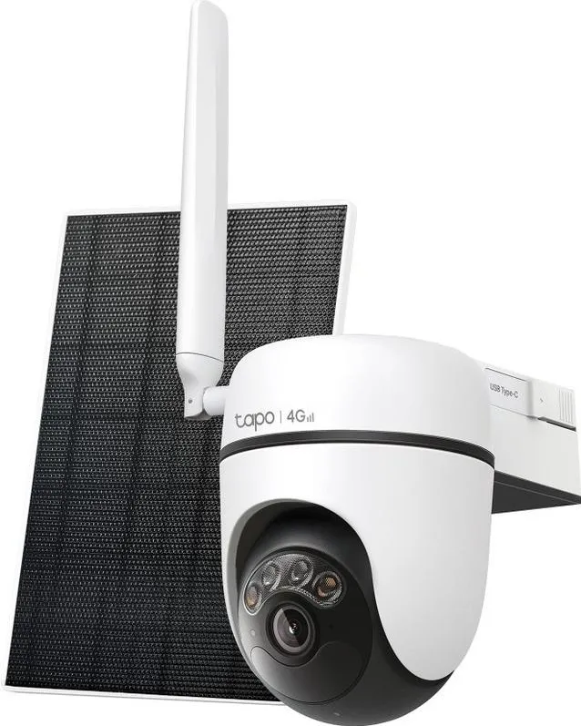CAMERA IP TP-LINK + PANOU SOLAR, wireless, turret, pt.exterior, dist. IR 9 m, tip lentila fixa 4 mm, 2K 3MP (2304 1296 px), slot SIM 4G LTE, microfon, carcasa plastic, slot SD card, "Tapo C615G KIT"
