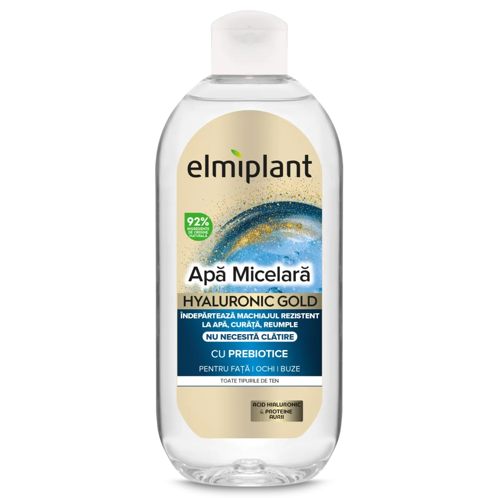 Apa micelara Elmiplant Hyaluronic Gold, pentru fata, ochi si buze, cu Prebiotice, 400 ml