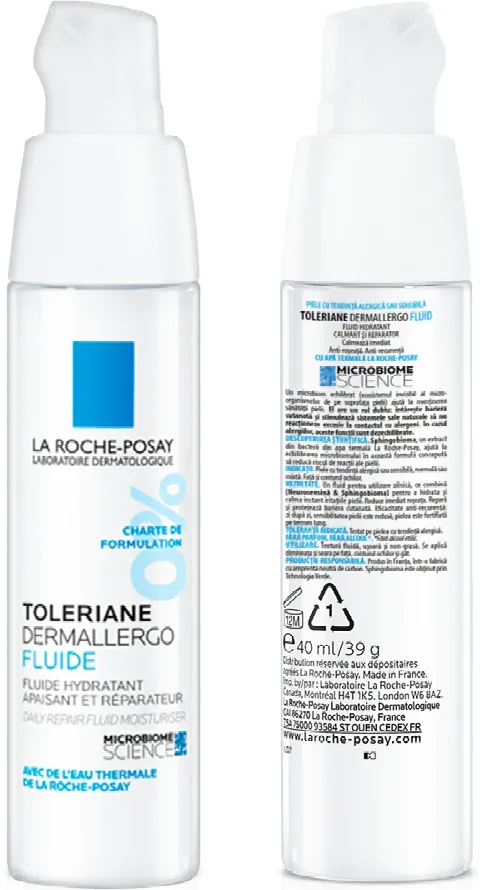 Fluid hidratant, calmant si reparator La Roche-Posay Toleriane Dermallergo Fluid, pentru tenul cu tendinta alergica sau reactiva, normal sau mixt, 40 ml