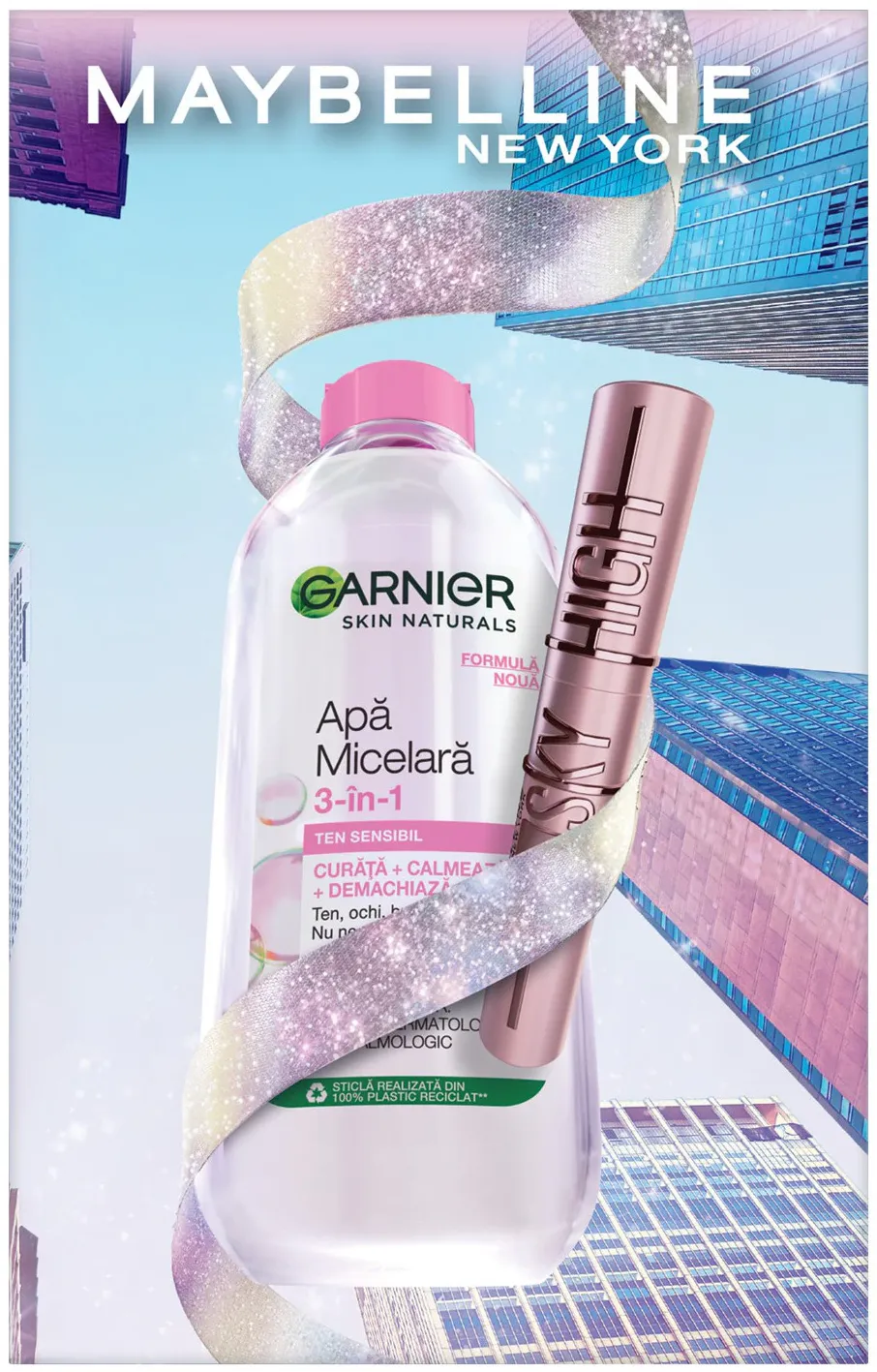 Set Cadou Ingrijire Ten si Makeup, Apa Micelara Garnier Skin Naturals pentru ten sensibil, 400 ml + Mascara pentru volum si alungire Maybelline Lash Sensational Sky High Black, 7.2 ml