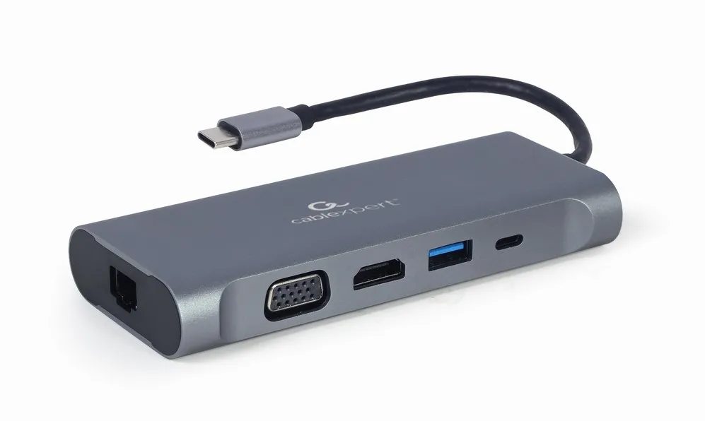 DOCKING Station Gembird universal, 7-in-1, conec PC USB Type C, USB-Cx1, USB-A 3.1x3, porturi video HDMIx1, VGAx1, RJ45x1,PD 100 W, SD,microSD,Audio,argintiu, "A-CM-COMBO7-01" (timbru verde 0.18 lei)