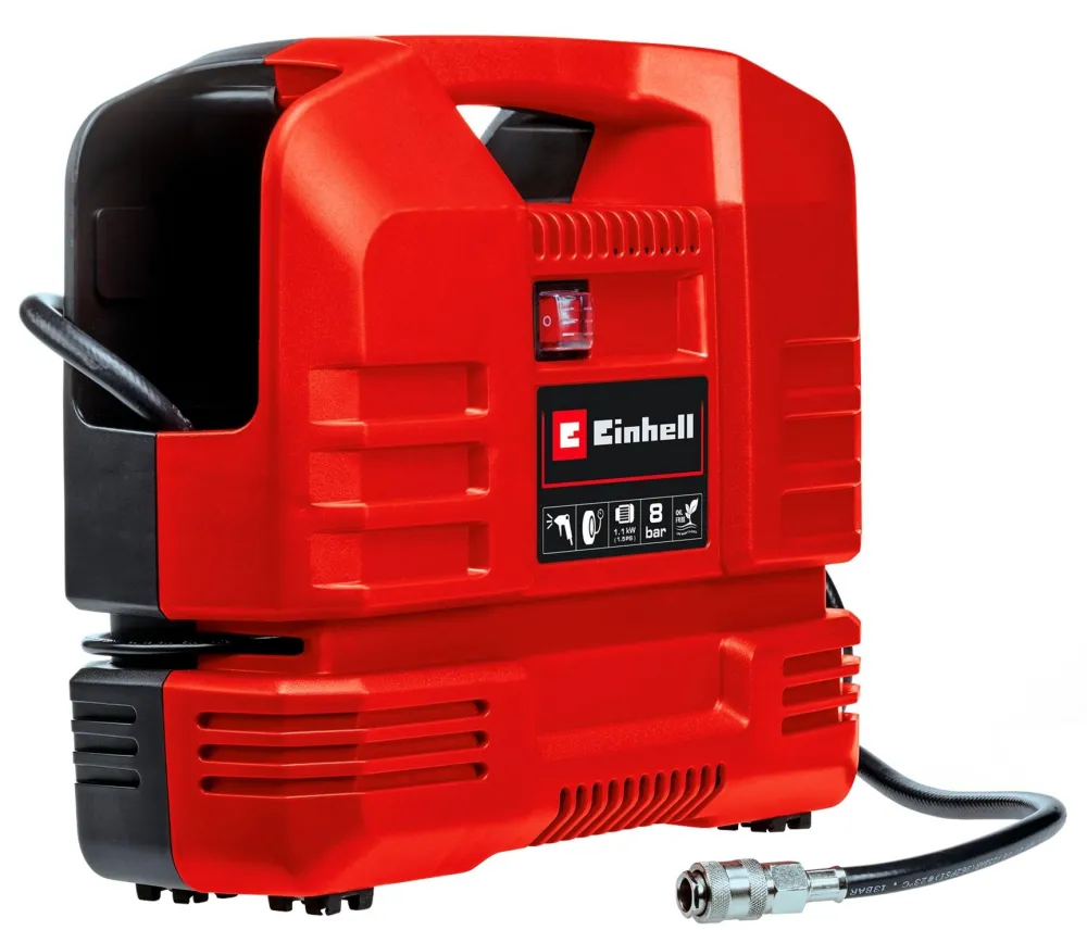 Compresor aer portabil fara ulei Einhel TC-AC 190 OF Set, 220 V, 1100 W, 8 bar presiune maxima, tip valiza, 190 l/min, capacitate de aspirare