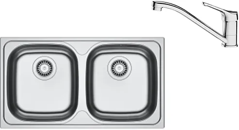 Pachet chiuveta bucatarie inox Franke SKN 620-78, dreptunghiulara, 2 cuve, dimensiune 78x43.5x14 cm, adancime cuva 14 cm + Baterie Basic Crom, rotatie pipa 360°, discuri ceramice, furtunuri flexibile inox, Inox lucios
