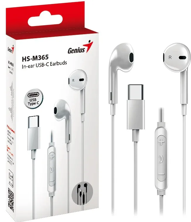 Casti Genius, "HS-M365", cu fir, intraauriculare, pt smartphone, microfon pe fir, conectare prin USB-C, alb