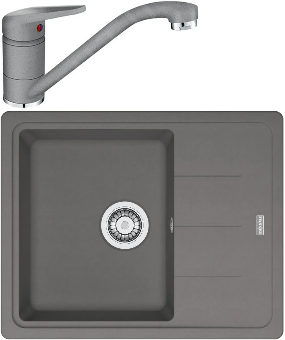 Pachet chiuveta bucatarie Franke BFG 611-62, 62x50cm, cuva 34x42x20cm + Baterie Novara Plus Stone Grey, rotatie pipa 360 grade, racorduri flexibile inox, discuri ceramice, include ventil de 3 1/2”, cleme de fixare, sifon, sistem inchidere ventil