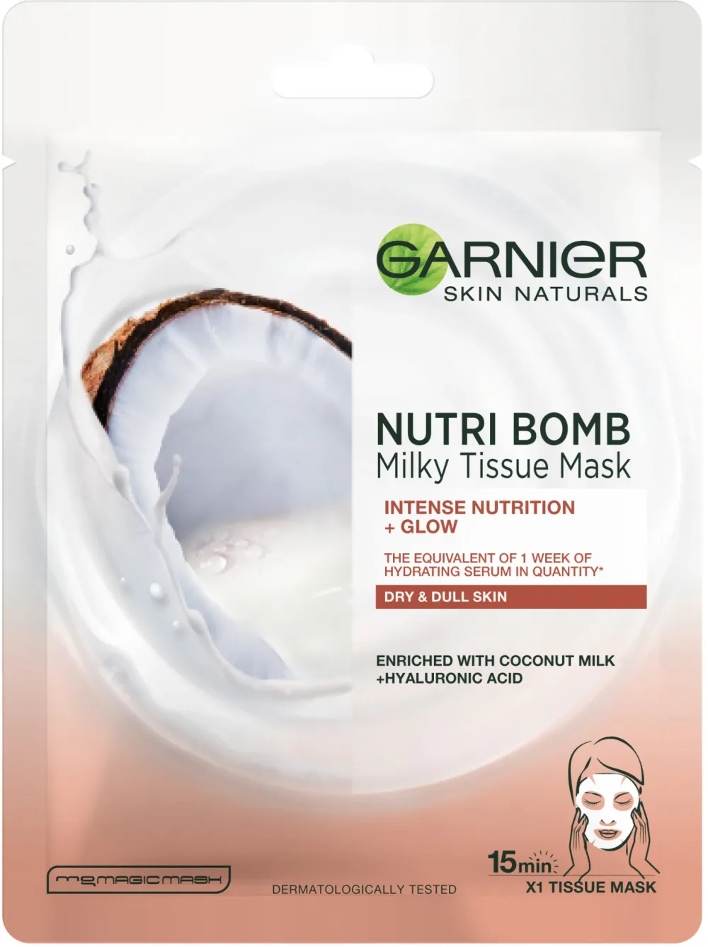 Masca servetel Garnier Nutribomb cu lapte de cocos si acid hialuronic pentru ten uscat si tern, 28 g