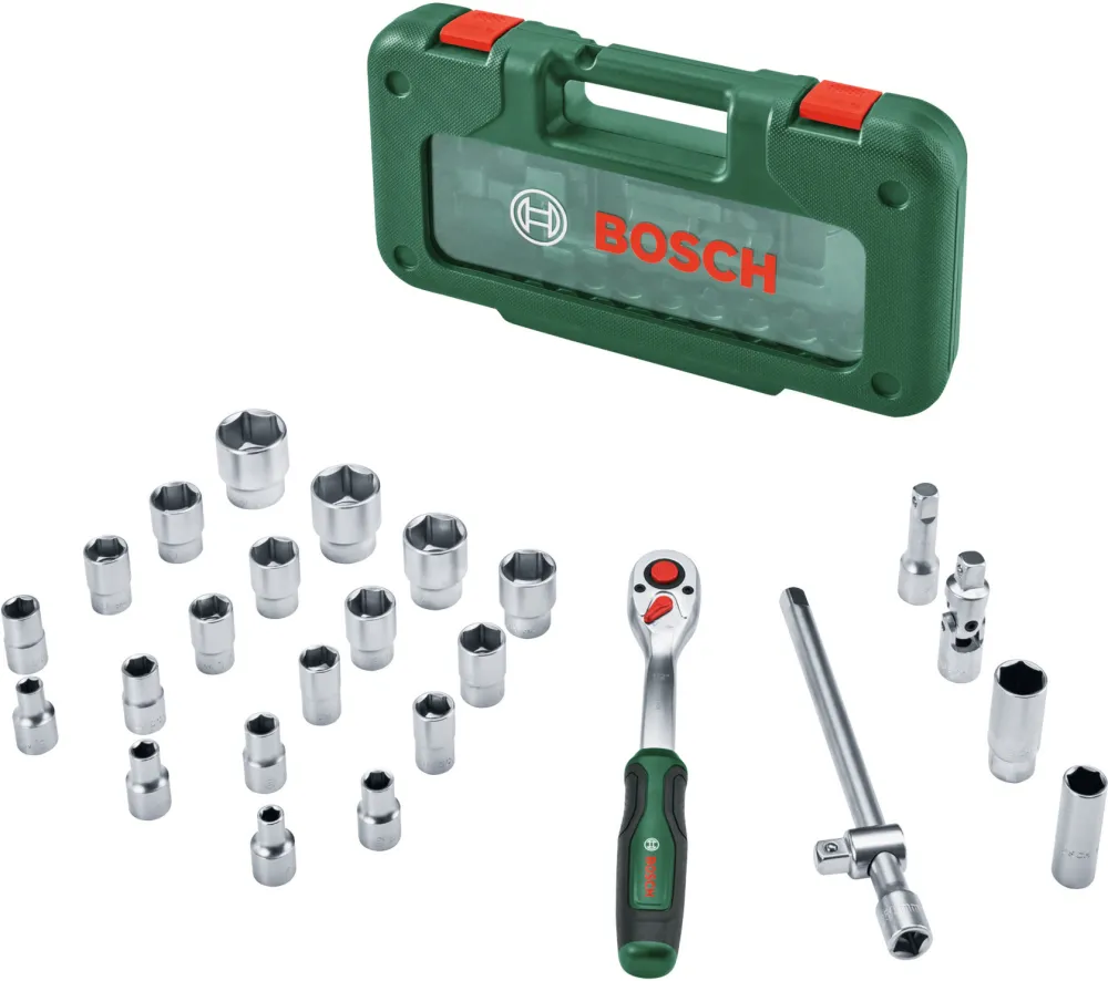 Set clichet 1/2" Bosch 26 piese 1600A039J7, clichet 72 dinti, cuplu maxim 768 Nm, unghi lucru 5 grade, standard ISO 3315