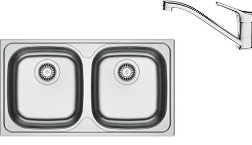 Pachet chiuveta bucatarie inox Franke SKL 620-78, dreptunghiulara, 2 cuve, 78x43.5x14 cm, adancime cuva 14 cm + Baterie Basic Crom, rotatie pipa 360°, discuri ceramice, furtunuri flexibile inox, Inox dekor