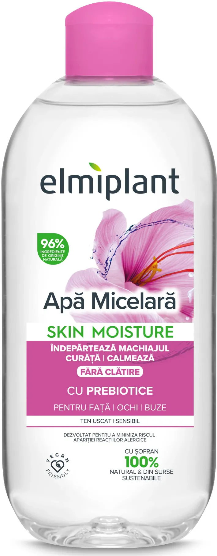 Apa micelara Elmiplant, pentru ten uscat & sensibil, pentru fata, ochi si buze, cu Prebiotice, 400 ml