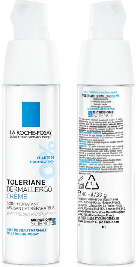 Crema hidratanta, calmanta si reparatoare La Roche-Posay Toleriane Dermallergo Crema, pentru tenul uscat cu tendinta alergica sau reactiva, 40 ml
