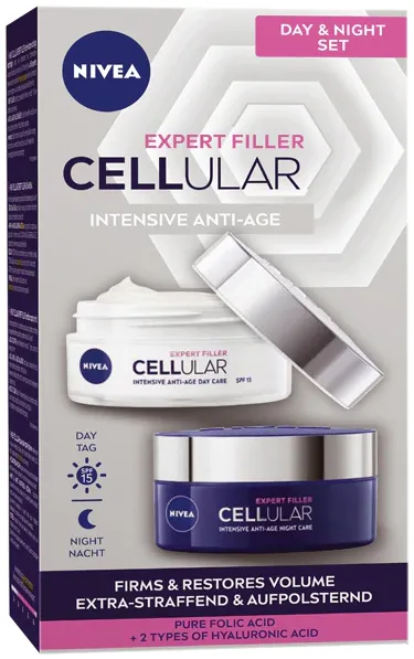 Pachet Nivea Hyaluron Cellular Filler + Firming: Crema de zi SPF 15, 50 ml + Crema de noapte, 50 ml