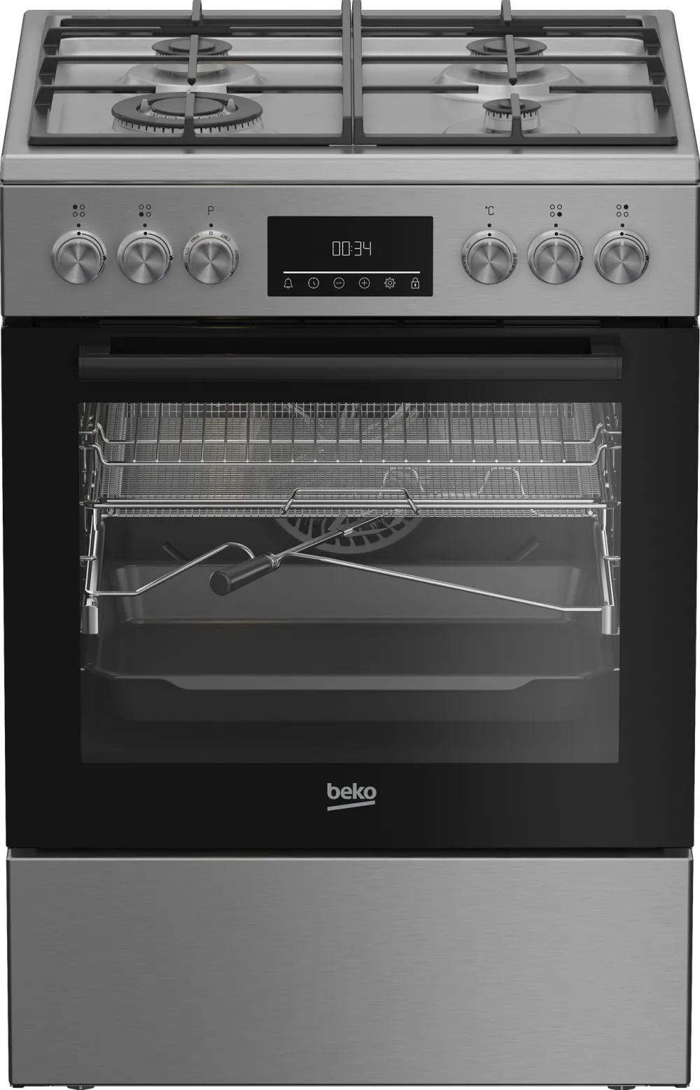 Aragaz Beko FBMA61330GXDT, Mixt, 4 arzatoare, High-Efficiency, SteamShine Cleaning, AirFry, Clasa A, 60 cm, Inox