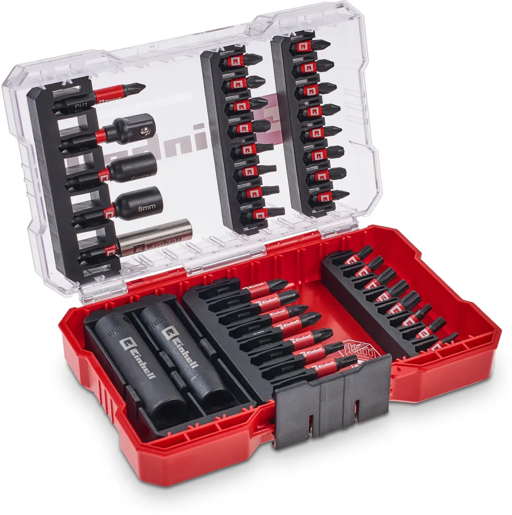 Set 39 biti impact si tubulare Einhell M-CASE, biti de 25 mm, biti de 50 mm, tubulare hexagonale, suport pentru biti de 60 mm cu cutie de depozitare