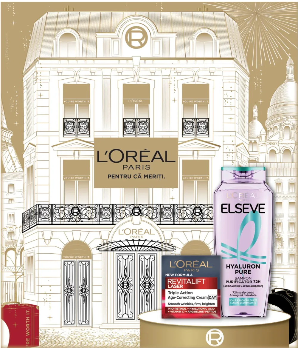 Set cadou ingrijire ten si corp L'Oreal Paris: Crema de zi antirid Revitalift Laser, 50 ml + Sampon purificator Elseve Hyaluron Pure pentru scalp si radacini grase si lungimi deshidratate, 400 ml