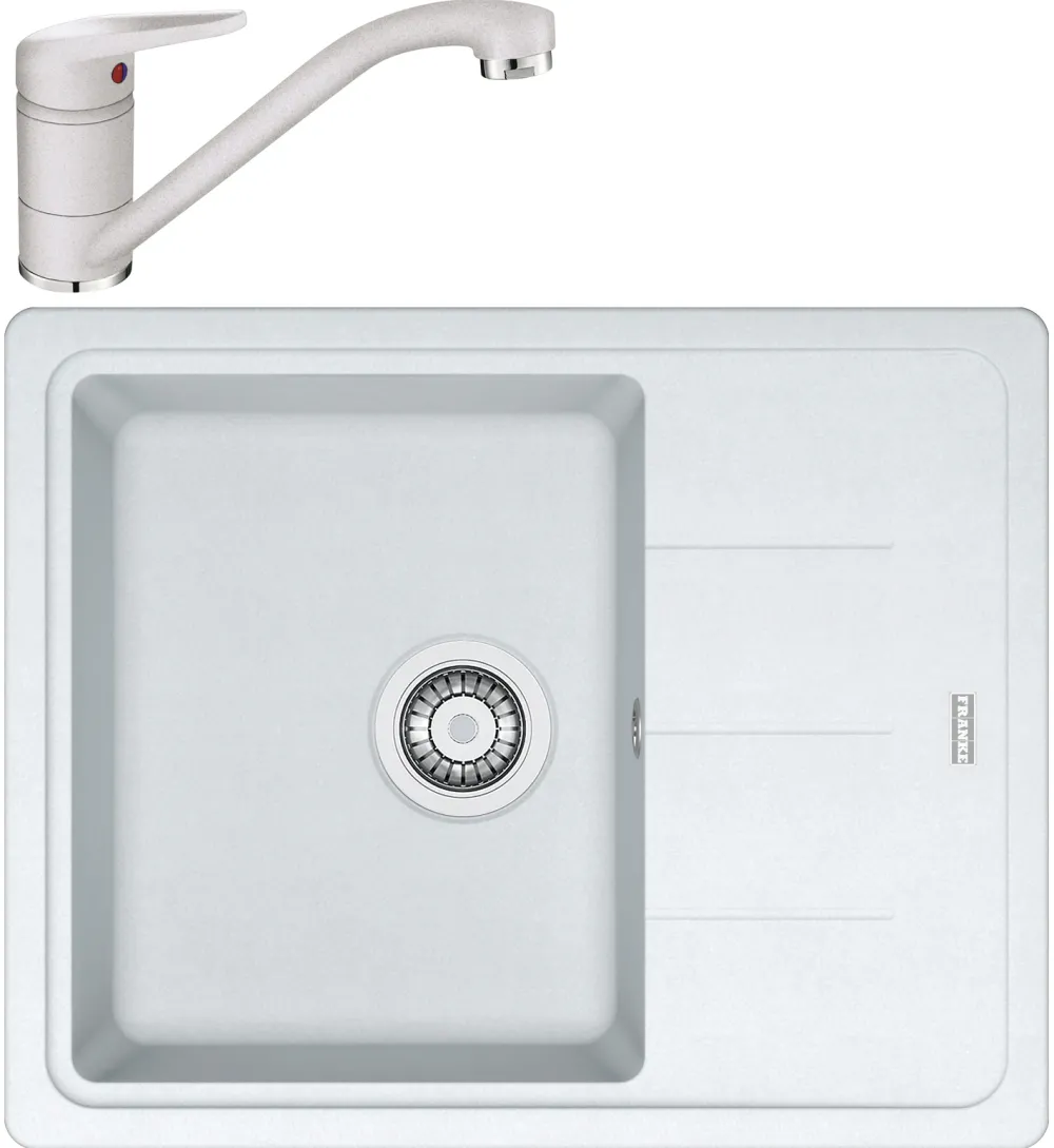 Pachet chiuveta bucatarie fragranite Franke BFG 611-62 + Baterie Novara Plus, cartus ceramic, Alb