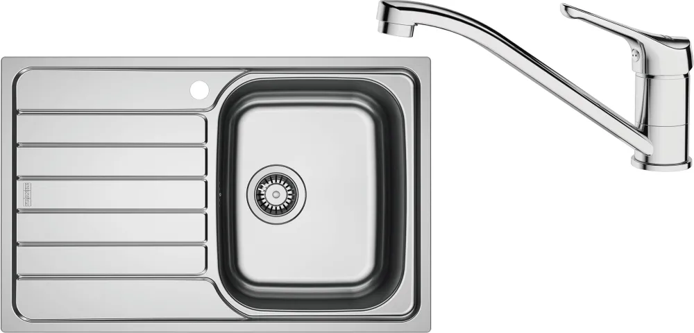 Pachet chiuveta bucatarie inox Franke SKX 611-78/50 ST, dreptunghiulara, 1 cuva si picurator pe partea stanga, 78x50x15 cm, adancime cuva 15 cm + Baterie Basic Crom, rotatie pipa 360°, discuri ceramice, furtunuri flexibile inox, Inox lucios