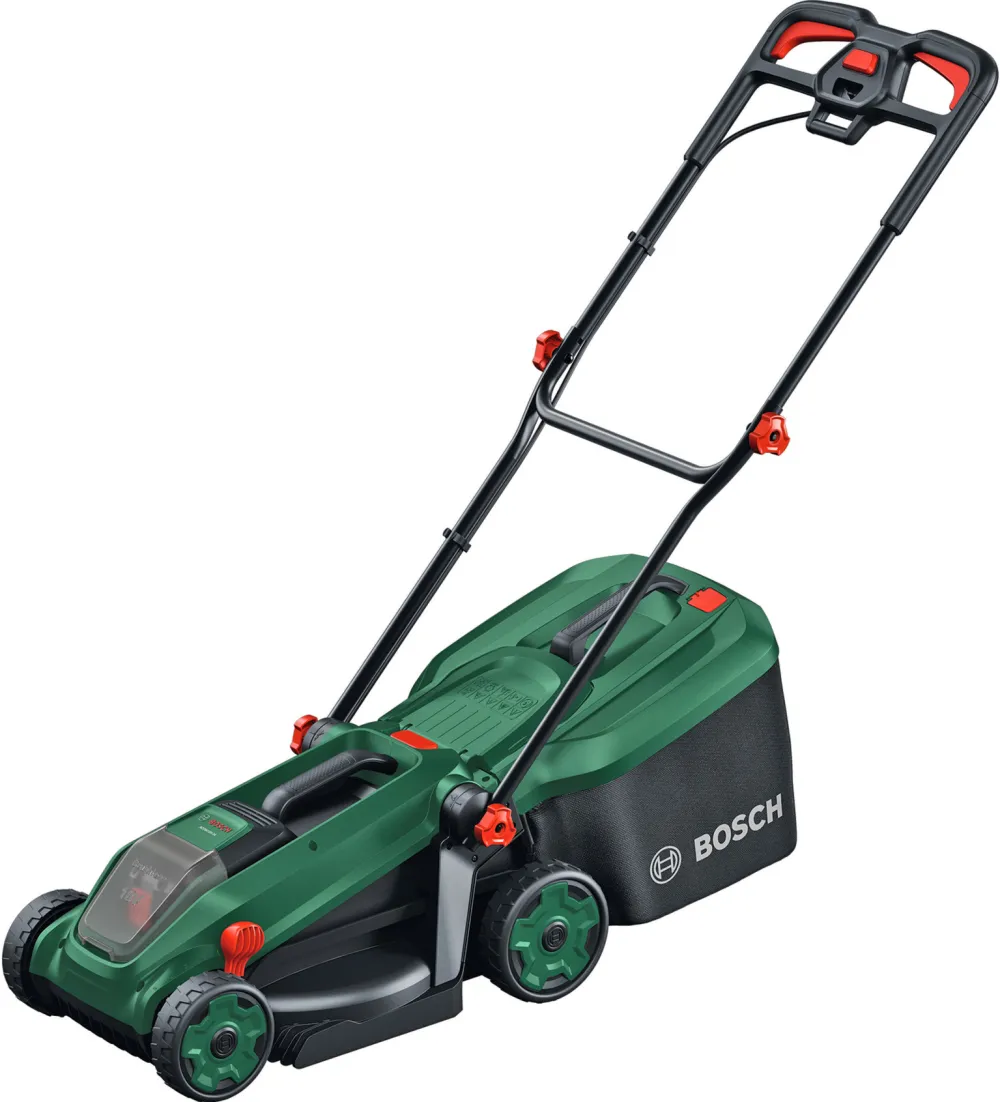 Masina de tuns gazon/iarba pe acumulator Bosch ROTAK18V-34, 18 V, latime taiere 34 cm, inaltime taiere 25-65 mm, 5 trepte de taiere, motor brushless, sac colector 35 l, fara incarcator/acumulator in setul de livrare