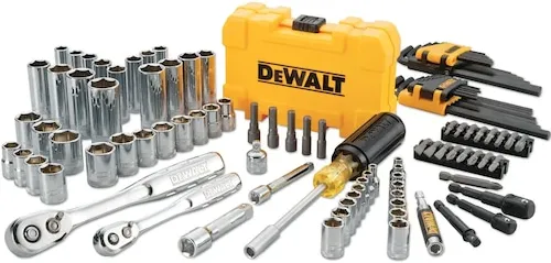 Set chei tubulare cu 108 piese DeWALT DWMT73801-1, tehnologie DirectTorque pentru rezistenta la uzura, crom rezistent la coroziune, 1/4 si 3/8 inch, clichet 72 dinti pentru spatii inguste, marcaje gravate - identificare rapida, ideal mecanica auto