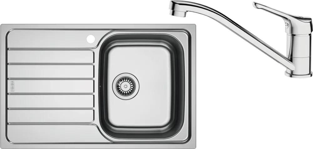 Pachet chiuveta bucatarie inox Franke SKL 611-78/50 ST, dreptunghiulara, 1 cuva si picurator pe partea stanga, 78x50x15 cm, adancime cuva 15 cm + Baterie Basic Crom, rotatie pipa 360°, discuri ceramice, furtunuri flexibile inox, Inox dekor