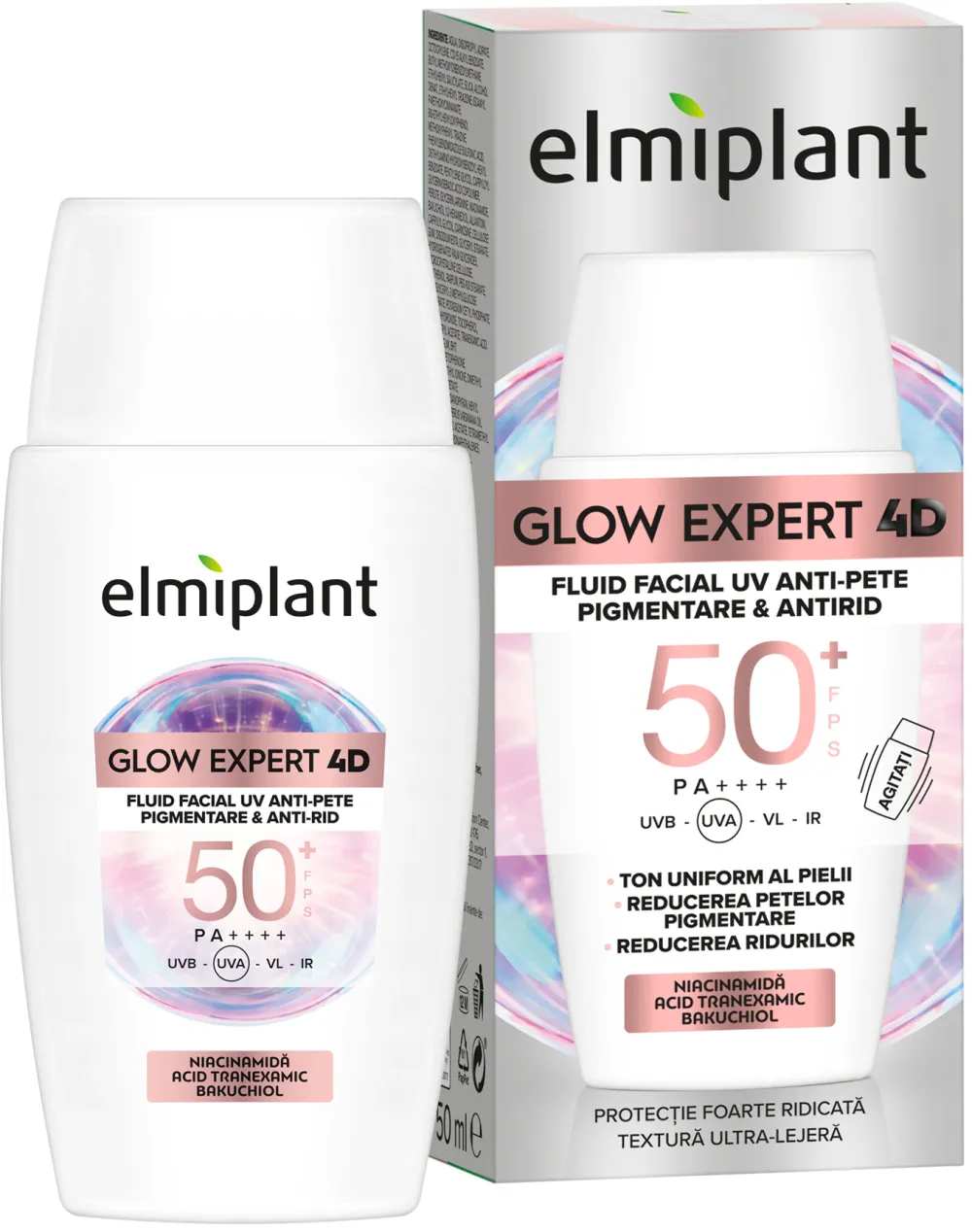 Fluid facial Elmiplant GLOW EXPERT 4D UV, anti pete pigmentare si antirid, cu SPF 50+, 50ml