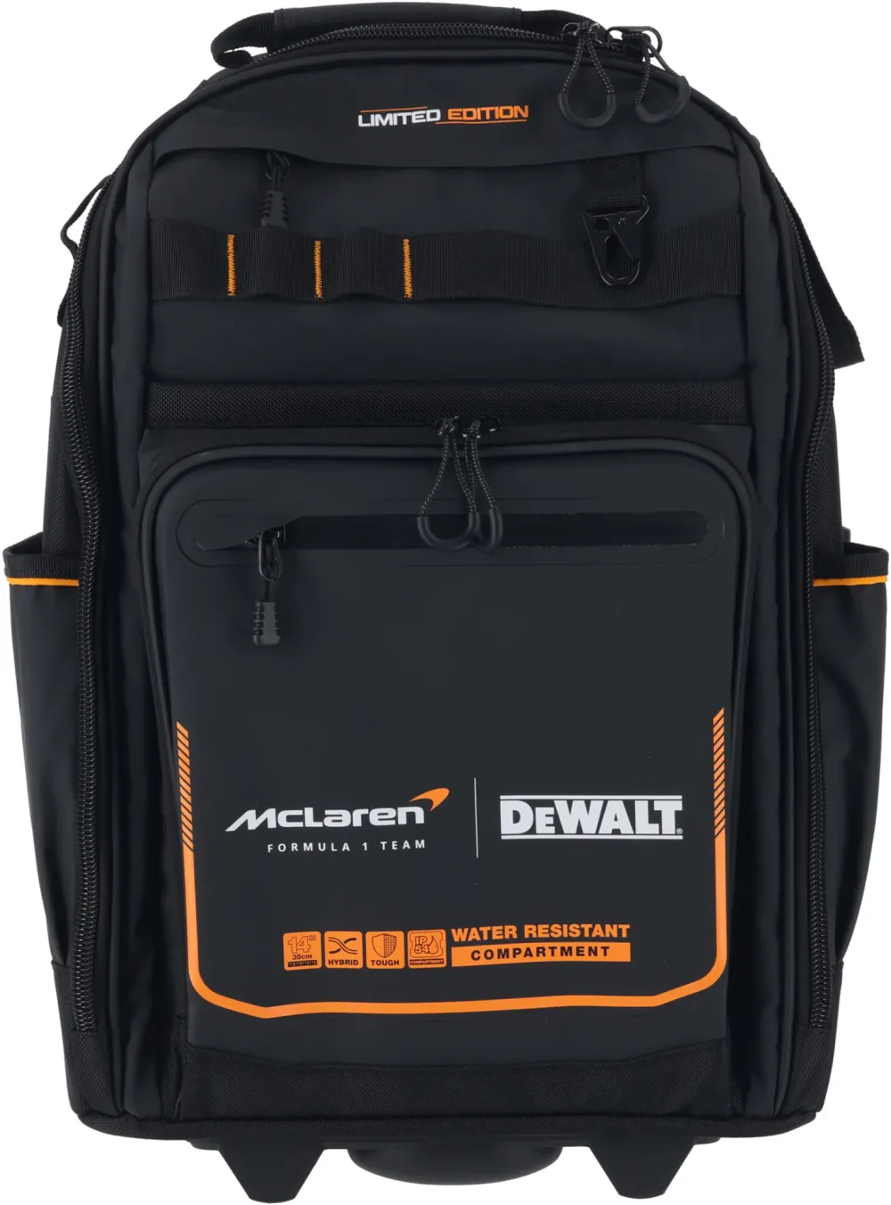 Rucsac cu roti si maner telescopic DeWALT DWST60101-9, editie limitata McLaren, buzunare multiple, piese acoperite cu metal, compartiment impermeabil, baza impermeabila, material durabil, structura consolidata