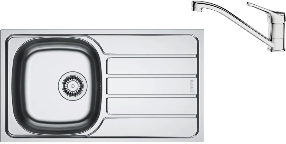 Pachet chiuveta bucatarie inox Franke SKN 611-78/44 DR, dreptunghiulara, 1 cuva si picurator pe partea dreapta, 78x43.5x15 cm, adancime cuva 15 cm + Baterie Basic Crom, discuri ceramice, furtunuri flexibile inox, Inox lucios