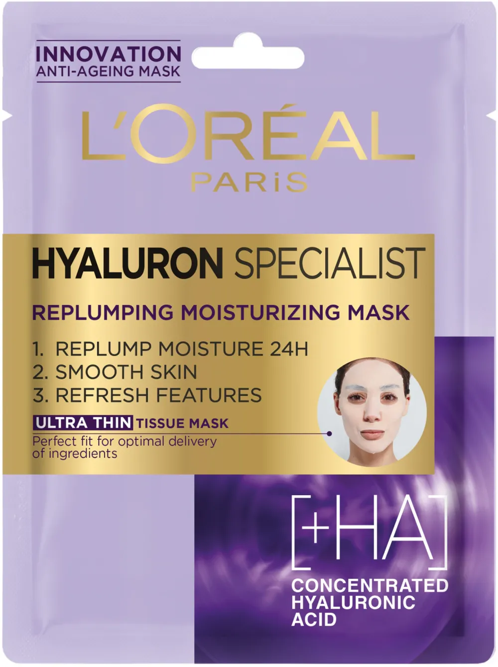 Masca servetel L'Oreal Paris Hyaluron Specialist hidratanta pentru volumul tenului, 32 g