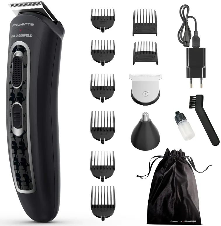 Aparat de tuns parul si barba Rowenta x Karl Lagerfeld Trim & Style 12 in 1 TN911LF0, autonomie 120 min, capat pentru barba cu 2 piepteni, capat pentru par cu 6 piepteni, accesoriu nas&urechi, 6500 rpm, kit curatare&intretinere, husa, negru/rosu