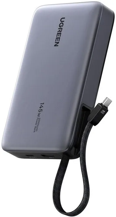 POWER BANK Ugreen "PB551", 20000mAh, PD 3.0 + QC 3.0 145W, 1 x USB; 1 x USB Type-C, total 3A, cablu USB Type-C integrat, gri, "55992B" (timbru verde 0.98 lei) - 6941876269884