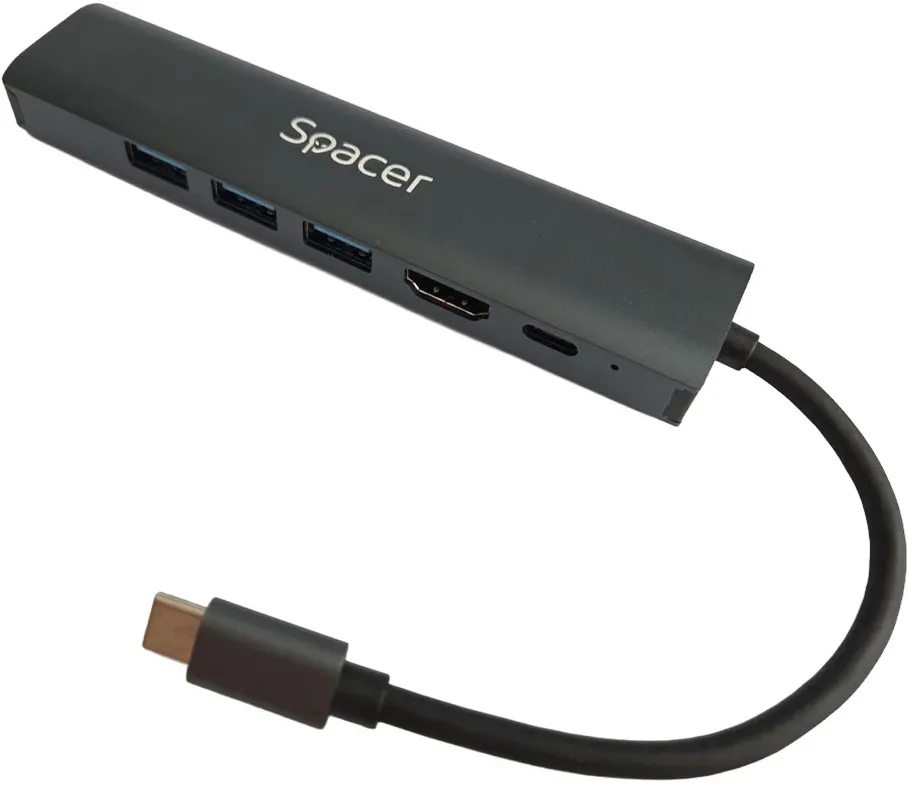 DOCKING Station Spacer universal 6 in 1, conectare Type-C, USB 3.0 x 3 ;PD 3.0 x 1 (100W), 1x HDMI 4K (30Hz), 1xRJ45 Gigabit, gri, Aluminiu, "SPDS-TypeC-HUPG-6in1-04" (timbru verde 0.18 lei)