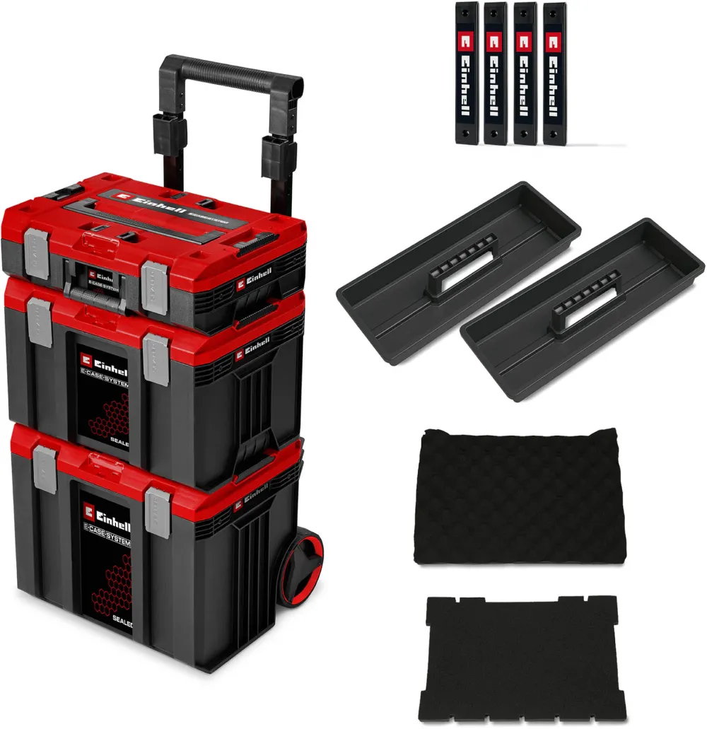 Set 3 cutii de transport E-Case Einhell, atelier rulant, etansate, max. 120 kg, 44 x 40 x 70 cm, inclusiv sine laterale