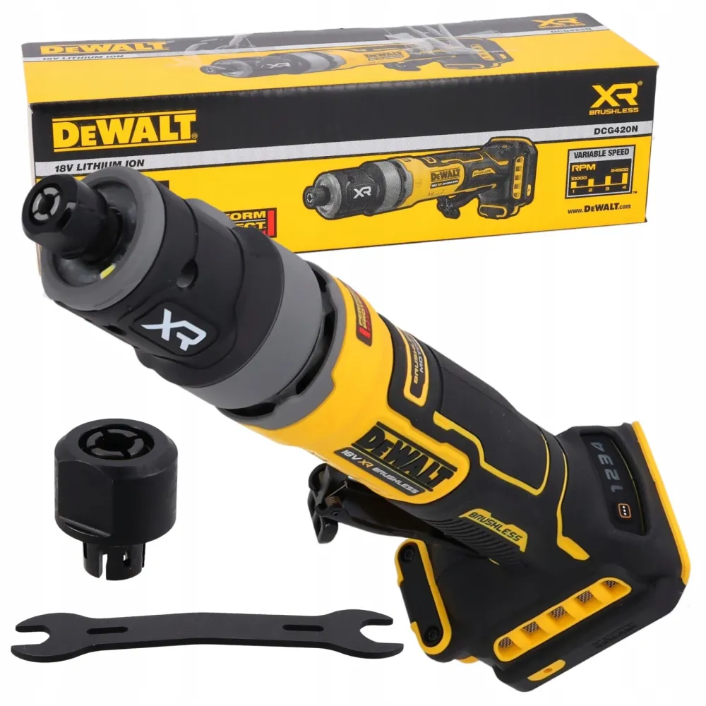Polizor unghiular compact pe acumulator DeWALT DCG420N, 18V XR, brushless, turatie variabila 10.000-24.500 RPM, ambreiaj si frana electronice, iluminare LED, ultra slim, bucse metalice incluse, nu include incarcator/acumulator