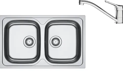 Pachet chiuveta bucatarie inox Franke SKL 620-80, dreptunghiulara, 2 cuve, 80x50x14 cm, adancime cuva 14 cm + Baterie Basic Crom, rotatie pipa 360°, discuri ceramice, furtunuri flexibile inox, Inox dekor