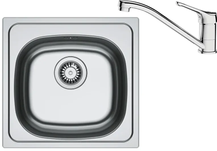 Pachet chiuveta bucatarie inox Franke SKN 610, dreptunghiulara, 1 cuva, 45.5x43.5x15 cm, adancime cuva 15 cm + Baterie Basic Crom, rotatie pipa 360°, discuri ceramice, furtunuri flexibile inox, Inox lucios