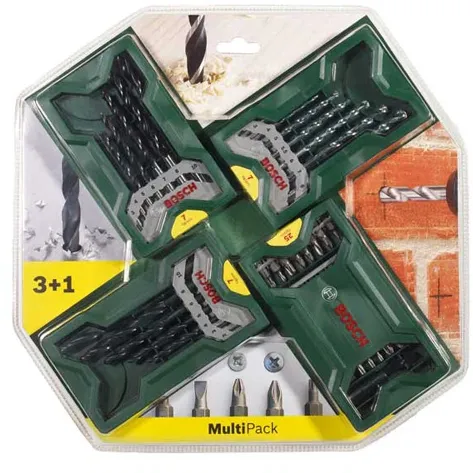 Set 46 accesorii Bosch Mini-X-Line 3+1, suport universal, biti, burghie pentru zidarie, metal si lemn