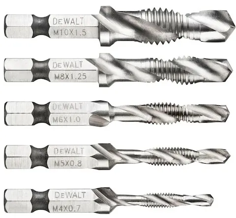 Set burghie si tarozi impact ready DeWALT DT50060, M4 M5 M6 M8 M10, 5 piese, gaurire si frezare intr-o singura actiune, varf special pentru penetrare rapida filete de taiere precise