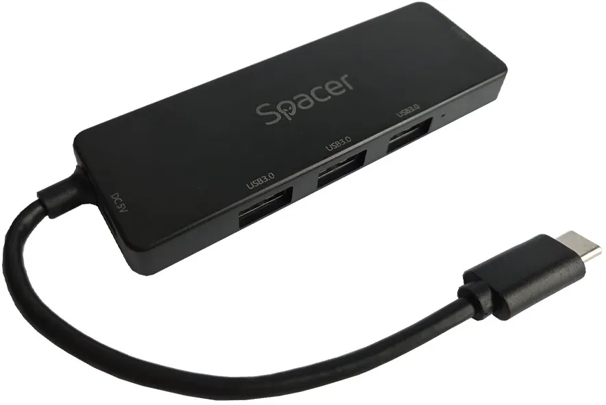 HUB extern SPACER, porturi USB:USB 3.0 X 4, 5V in (Type-C), conectare prin TYPE-C, cablu 15cm, ABS,  (timbru verde 0.18 lei), "SPHB-TYPEC-4U30-09"