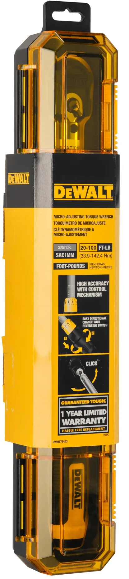Cheie dinamometrica 3/8 inch DeWALT DWMT75463-0, tampon de cauciuc pe cap pentru protectie, carcasa robusta pentru transport, capabilitati de cuplu inainte/inapoi si declansator cu eliberare rapida