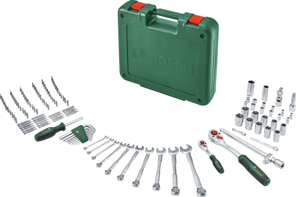 Set 133 scule de mana Bosch 1600A039J0, 2 clichete 1/4" si 1/2", 10 chei combinate (6-19 mm), 10 chei hexagonale, surubelnita biti