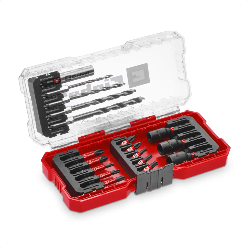 Set 18 biti Einhell 49108709, biti 25 mm, biti de 50 mm, suport pentru biti de 60 mm, chei tubulare, burghie metal, cutie de depozitare