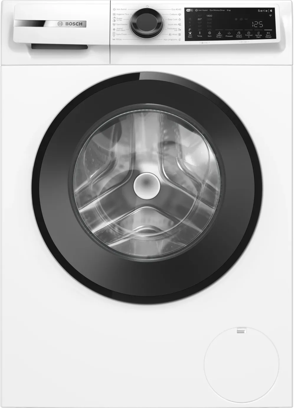 Masina de spalat rufe Bosch WGJ24401BY, 9 Kg, 1400 RPM, EcoSilence Drive, Iron Assist, program Anti-pete, Hygiene Plus, program Dark colors, Control electronic/ display touch inclinat, Home Connect, Clasa A, 60 cm, Alb/gri