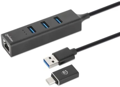 MANHATTAN 3-Port USB 3.0 Typ-C/A Kombo-Hub + Netzwerkadapter