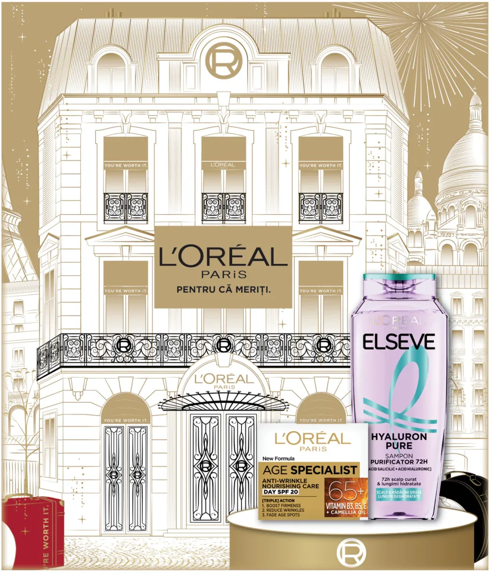 Set cadou ingrijire ten si corp L'Oreal Paris: Crema antirid hranitoare de zi Age Specialist 65+, 50 ml + Sampon purificator Elseve Hyaluron Pure pentru scalp si radacini grase si lungimi deshidratate, 400 ml