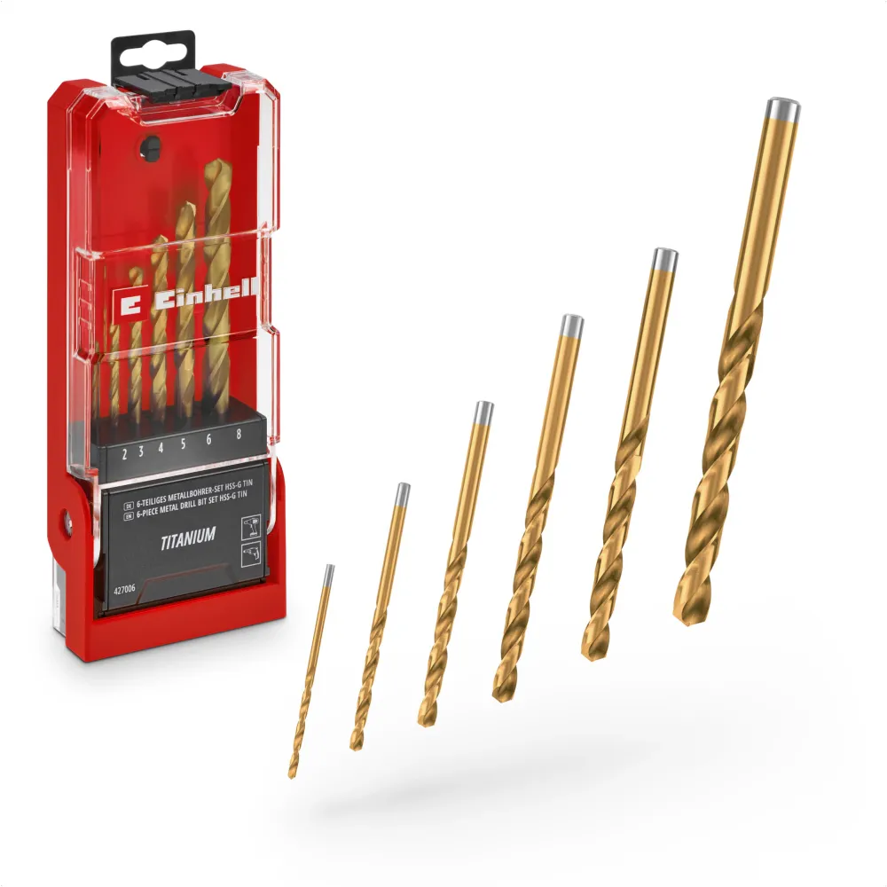 Set de 6 burghie metal Einhell HSS-G din titan, otel HSS 4341, acoperit cu titan, varf cu varf despicat la 135°, spirala frezata tip N, inclus cutie de depozitare