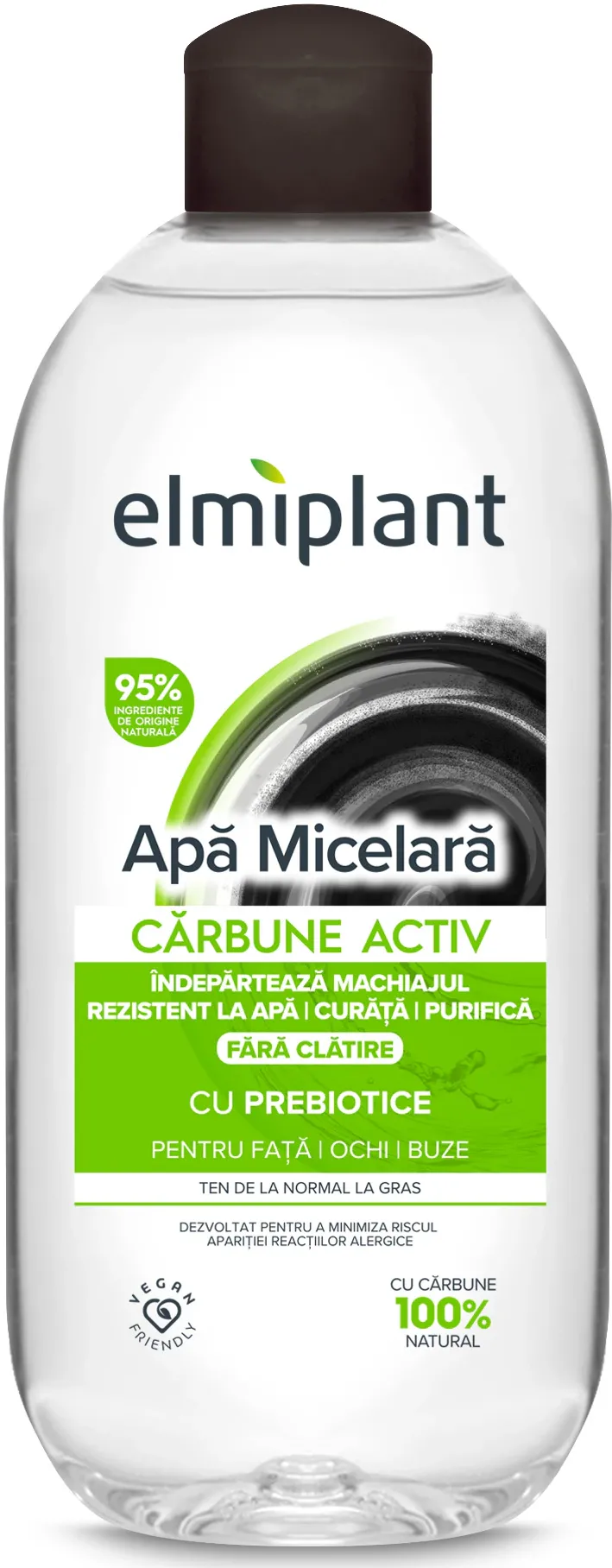 Apa micelara cu carbune activ 100%, Elmiplant Detox pentru ten normal & gras, pentru fata, ochi si buze, cu Prebiotice, 400 ml