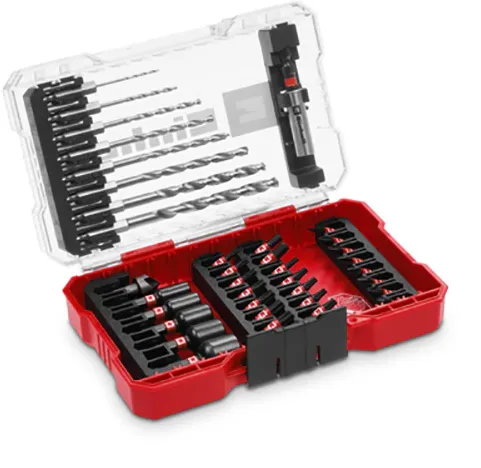 Set 39 biti si burghie Einhell 49108773, biti de 25 mm, burghie de metal, suport biti 60 mm, chei tubulare, freza cu cap infundat, inclus cutie de depozitare