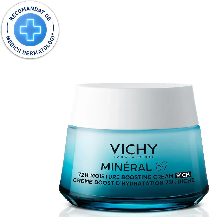 Crema intens hidratanta 72H, Vichy Mineral 89 cu acid hialuronic si niacinamida pentru tenul uscat, 50 ml