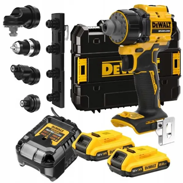 Masina de gaurit si insurubat cu capete multiple pe acumulator DeWALT DCD803D2T, 18V XR, brushless, 4 capete interschimbabile, 2x acumulator Li-Ion 2 Ah, turatie 0-1650 RPM, cuplu 73 Nm, 2 viteze, iluminare LED, incarcator, cutie TSTAK, Made in CZ