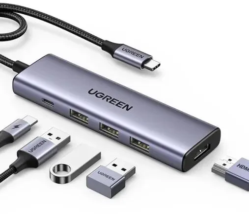 DOCKING Station Ugreen, "CM498" conec PC USB Type-C, USB 3.2 x 2;HDMI 4Kx1 la 60Hz;USB-C x 2 PD 100W, aluminiu, gri "45379" (timbru verde 0.8 lei) - 6941876243792